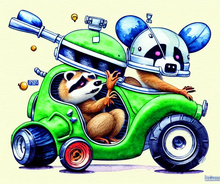 Image similar to cute and funny, racoon wearing a helmet riding in a tiny hot rod with oversized engine, ratfink style by ed roth, centered award winning watercolor pen illustration, isometric illustration by chihiro iwasaki, edited by range murata, tiny details by artgerm and watercolor girl, symmetrically isometrically centered