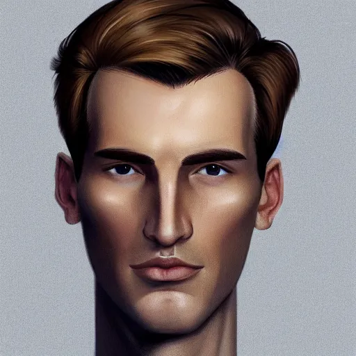 Image similar to tall man in his twenties with brown blond short quiff hair and thin slightly round facial structure with cleft chin, straight eyebrows and prominent nose and shadow of beard, good definition of cheekbones, big hazel nut brown eyes, narrow face, slim body, atmospheric lighting, painted, intricate, 4 k, highly detailed by charlie bowater