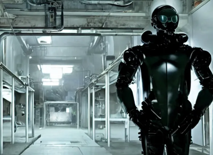 Image similar to film still of Brian Cranston as Gordan Freeman in an underground lab facility wearing a black HEV suit in the Half Life Movie, 4k