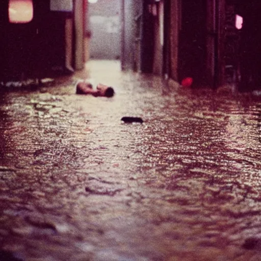 Image similar to 1990s perfect 8K HD professional cinematic photo of close-up japanese schoolgirl sleeping on ground in dystopian alleyway with neon signs, at evening during rain, at instagram, Behance, Adobe Lightroom, with instagram filters, depth of field, taken with polaroid kodak portra