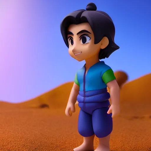 Prompt: profile view of young aladdin as nendoroid walking in a desert, wearing typical clothes, 8 k, hd, dof, kodak film, volumetric lighting, subsurface scattering, photorealistic, octane render