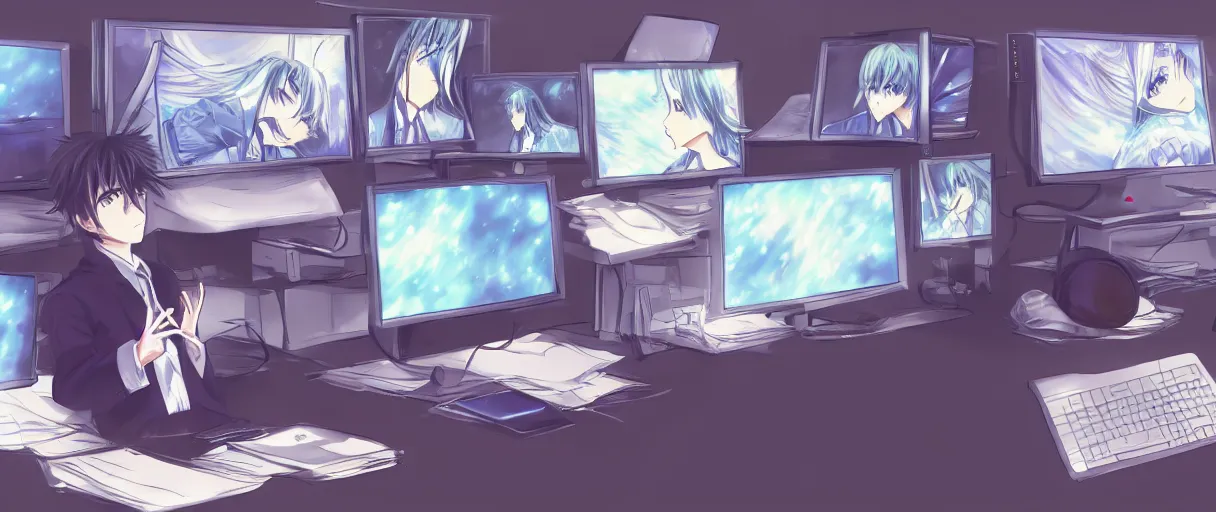 Image similar to anime drawing, a man at a desk with ten different computer monitors, his face flat on the keyboard, sound asleep
