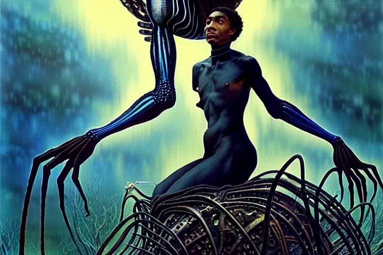 Image similar to realistic detailed portrait movie shot of a beautiful black woman riding a giant spider, dystopian city landscape background by denis villeneuve, amano, yves tanguy, alphonse mucha, max ernst, ernst haeckel, kehinde wiley, caravaggio, jean delville, david lynch, roger dean, cyber necklace, rich moody colours, sci fi patterns, dramatic, wide angle