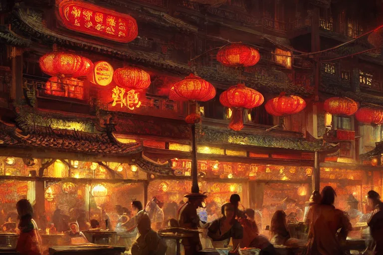 Prompt: fantasy art of a bustling tavern in china, at night, by craig mullins, highly detailed digital art, trending on artstation