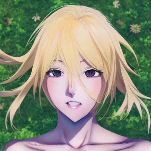 Prompt: a beautiful blond anime girl made from plants, full body shot, symmetrical face, 8 k, shallow depth of field, moody lighting, cinematic lighting,