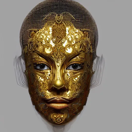 Image similar to Very very very very highly detailed epic central composition portrait of face with venetian mask, golden, intricate, dystopian, sci-fi, extremely detailed, digital painting, artstation, concept art, smooth, sharp focus, illustration, intimidating lighting, incredible art by Tokujin Yoshioka and Anton Pieck