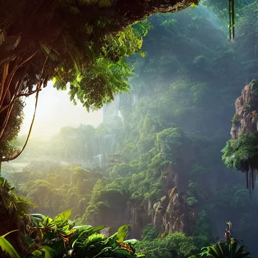 Image similar to monkey in jungle, beautiful dynamic lighting, cinematic, wide angle establishing shot, extremely high detail, photo realistic, cinematic lighting, post processed, concept art, artstation, matte painting, style by frederic church, raphael lacoste, unreal engine 8k