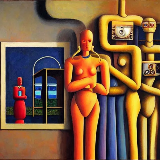 Prompt: robots surrounding a priestess, ( ( ( grant wood ) ) ), pj crook, ( ( ( edward hopper ) ) ), oil on canvas