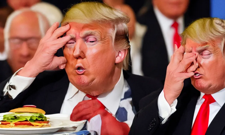 Image similar to Donald Trump crying because he is not allowed to eat burgers