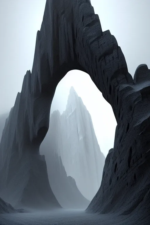 Image similar to futuristic atmosphere in the snowy mountains dolomites 3 d concept art, cinematic lighting, mouth of a cave, rule of thirds, depth of field, intricate details, building by zaha hadid, stormy weather, emissary space by arthur haas and bruce pennington and john schoenherr, cinematic matte painting, dark moody monochrome colors, trending on artstation, featured on behance