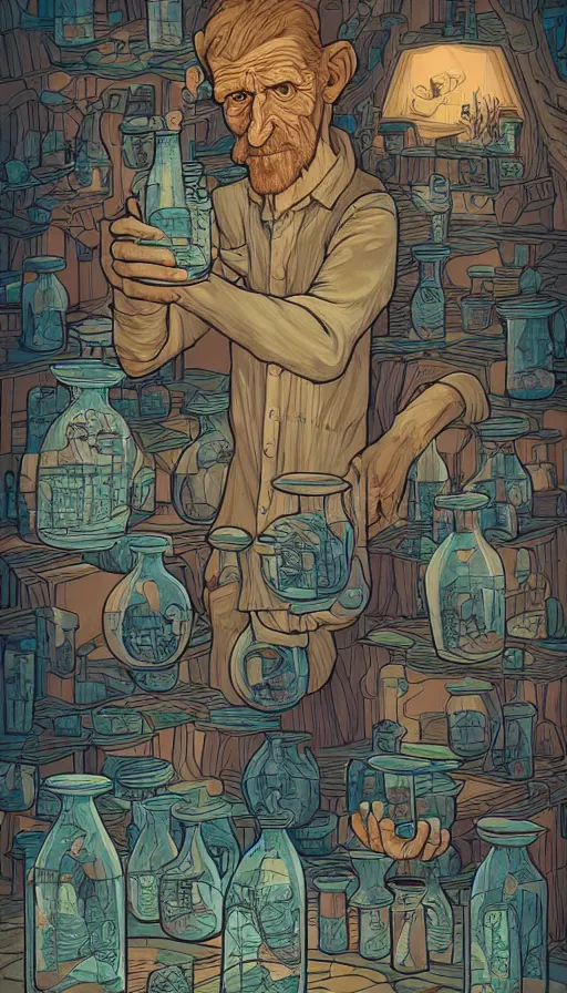 Prompt: BFG with his jars of dreams, futurism, da vinci, Dan Mumford, Josan Gonzalez