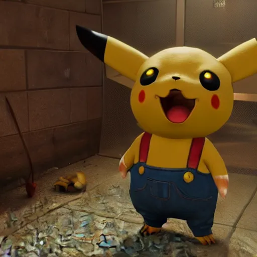 Prompt: 3 d modeled 3 d rendering with specular pbr material of realistic pikachu as a playable character in the videogame dead by daylight holding a chainsaw, pc gpu fov settings, videogame screenshot of pikachus mori animation, dark lighting and heavy fog, playstation 2 graphics