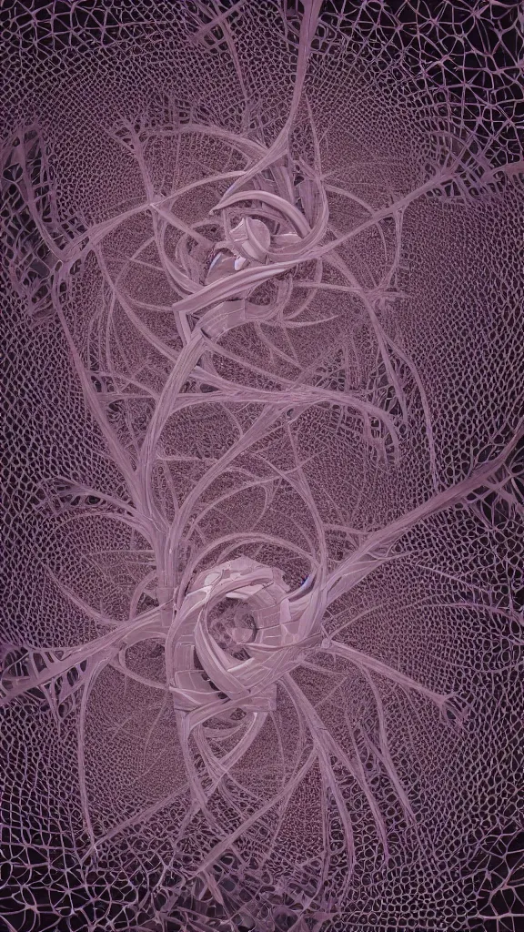 Image similar to 3d fractal wallpaper by Escher, geometrical figures, math, spirals tubes roots, completely filled space, psychedelic!!, mandelbulb 3d, digital art, high details, depth of field, hard lighting!, trending on artstation, deviantart, octane render, HD, (((Low light))), 8k, eric zener, zdzisław beksiński, dark background