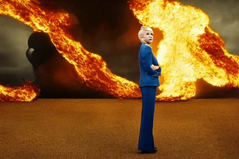 Prompt: a moody photograph of a confident caucasian woman in her 6 0's with short blonde hair wearing a tailored yellow suit standing against a backdrop of the planet earth engulfed in flames. photograph by annie leibowitz, cinematic lighting, sci fi, futuristic