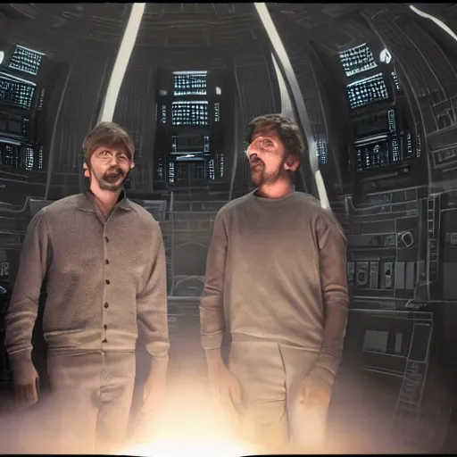 Image similar to hyperrealistic image of 2 people matt stone standing next to trey parker inside the death star, stunning 3 d render, inspired by istvan sandorfi & greg rutkowski, perfect facial symmetry, dim volumetric cinematic lighting, 8 k octane comprehensive render, extremely hyper - detailed, incredibly lifelike attributes, intricate, real flesh texture, masterpiece, artstation, stunning,