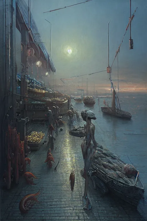 Image similar to fish market by greg rutkowski, giger, maxim verehin, zdzisław beksinski