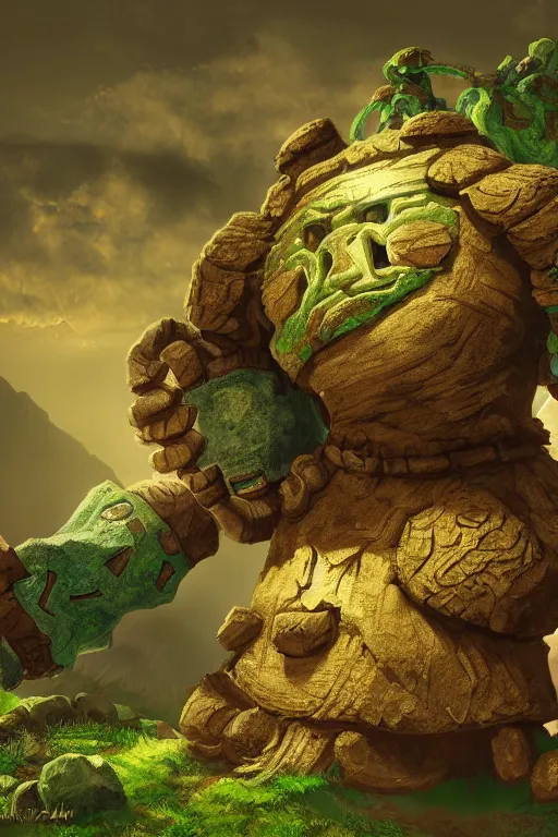 Image similar to zelda fantasy art giant golem troll wood rock greeble gemstone, global illumination ray tracing hdr fanart arstation by sung choi and eric pfeiffer and gabriel garza and casper konefal