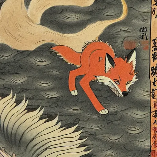 Image similar to fox demon attacking a small village, fire, japanese art style, white fox, canvas painting, amazing detail