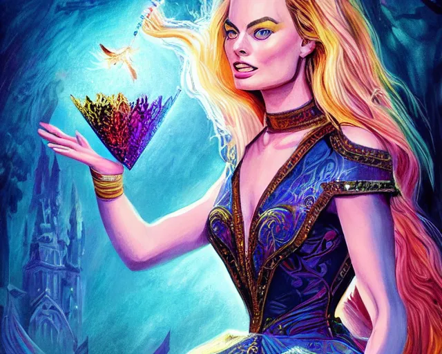 Image similar to margot robbie as a beautiful magician casting colorful spells, fantasy art, in the style of JOHN STEPHENS, illustration, epic art, fantasy, intricate, elgant, amazing detail, digital painting, artstation, concept art, smooth, sharp focus