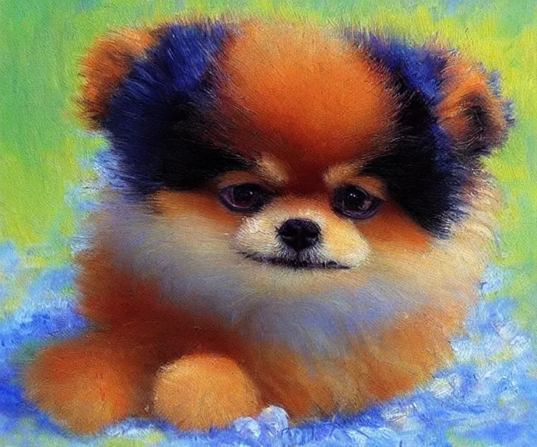 Image similar to pomeranian, cute, monet, oil painting, trending on artstation