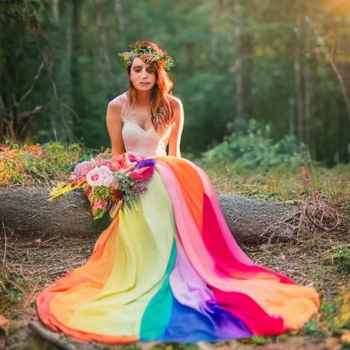 Prompt: photo of melynda moon, sitting in a colorful forest, sunrise, wearing a long rainbow wedding gown - n 9