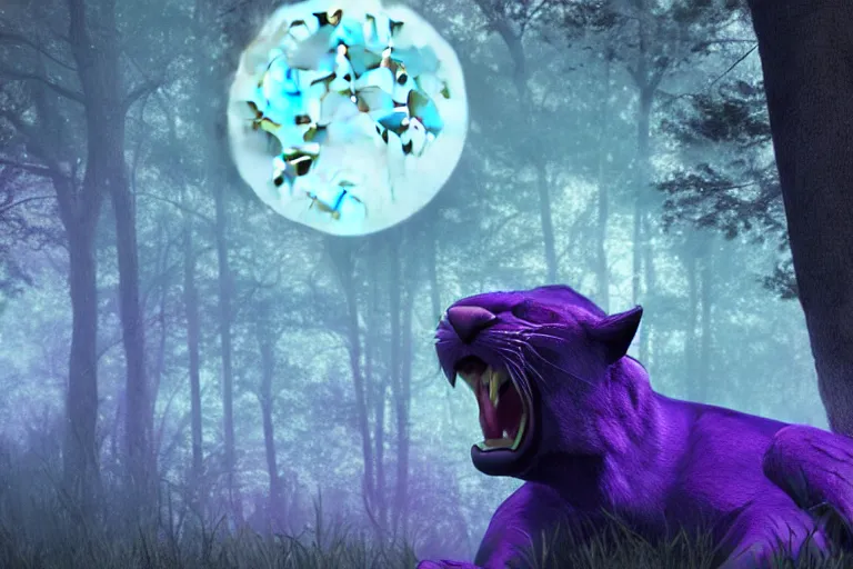 Image similar to a purple panther roaring at the moon in a forest during the night, large moon in the center. trending on artstation. cinematic. photoreal. dark colors. night.