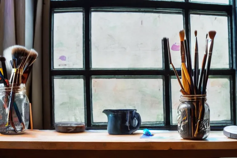 Image similar to artists studio full of art equipment. mason jar full of brushes close view on table easel with paining by window scenic full shot ambient lighting