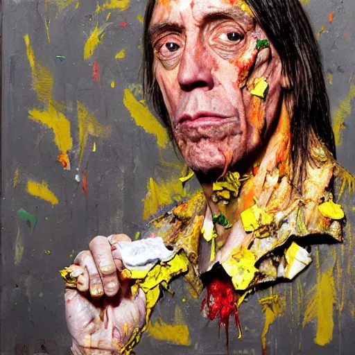 Image similar to hyperrealistic, photorealistic, mixed media oil painting of iggy pop, magazine scraps, plaster, blood, oil, mustard, cigarettes, splatter, trending on artstation, award - winning painting, greg rutkowski, basquiat, ralph steadman, terry gilliam