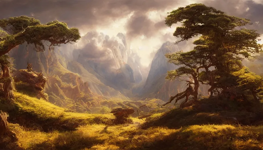 Image similar to excellent painted daemon in a wide epic beautiful landscape somewhere in asia with fluffy clouds, painted by Hans Fredrik Gude, Greg Rutkowksi, Craig Mullins and Artgerm, masterpiece, 4k, ultra realistic highly detailed oil painting