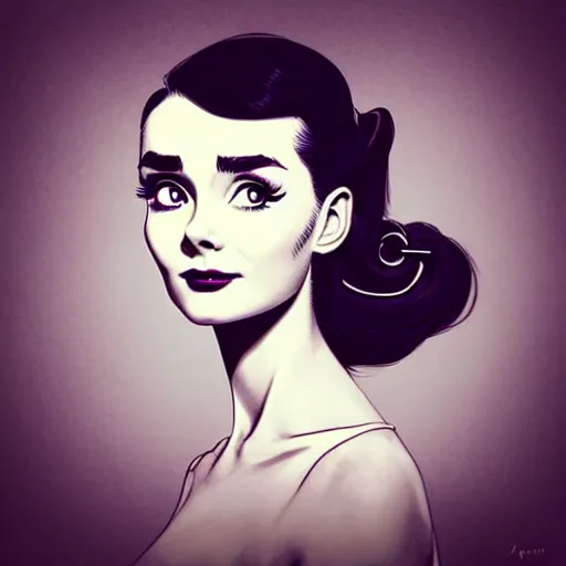 Image similar to in the style of joshua middleton, artgerm, beautiful audrey hepburn, steampunk, bioshock, elegant pose, middle shot, spooky, symmetrical face symmetrical eyes, three point lighting, detailed realistic eyes, short neck, purple and green top clothing, insanely detailed and intricate elegant