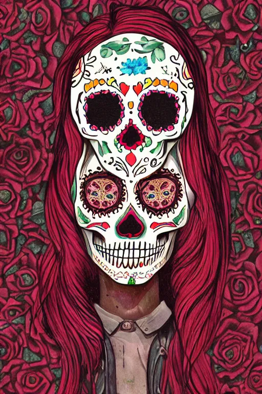 Prompt: Illustration of a sugar skull day of the dead girl, art by scott listfield