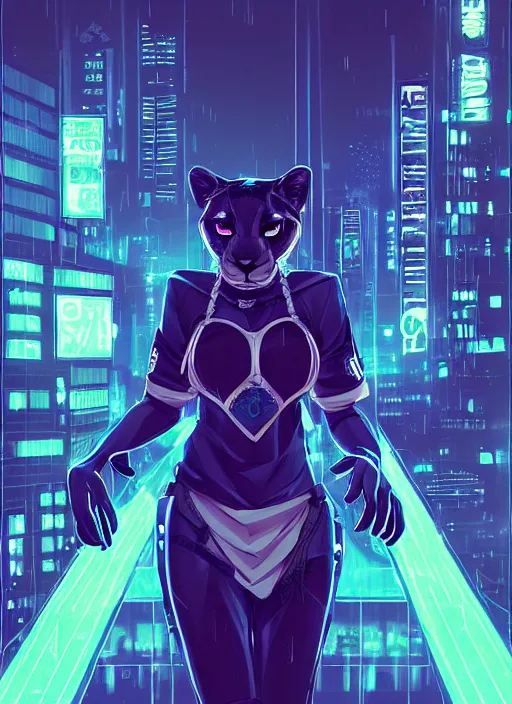 Image similar to beautiful portrait commission of a female furry anthro panther fursona wearing a police uniform. Cyberpunk city at night in the rain. Neon light. Atmospheric. Character design by charlie bowater, ross tran, artgerm, and makoto shinkai, detailed, inked, western comic book art