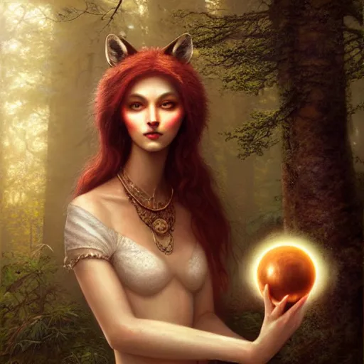 Image similar to an anthromorphic fox as a magic fortune teller holding an orb in an enchanted forest, photorealistic, fantasy art, digital art, by tom bagshaw