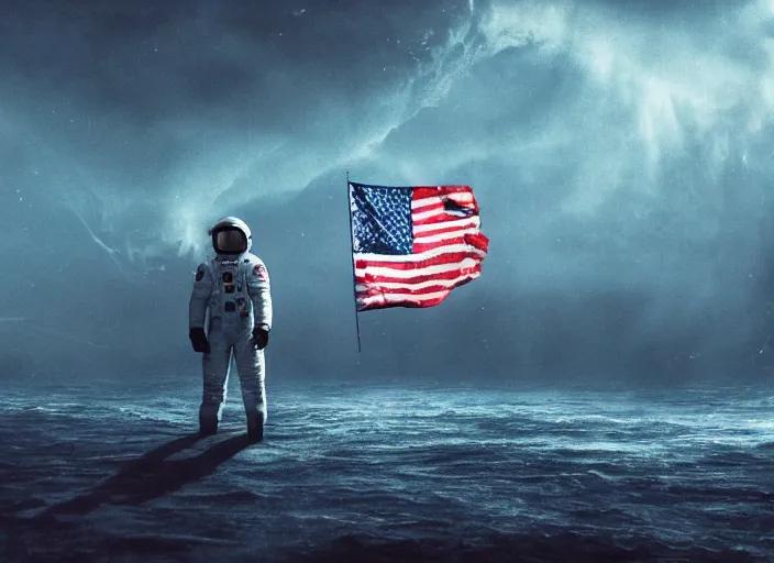 Image similar to astronaut holding a flag in an underwater desert. a submarine is visible in the distance. dark, concept art, cinematic, dramatic, atmospheric, 8 k, trending on artstation, blue, fish, low visibility, fog, ocean floor, christopher nolan, interstellar