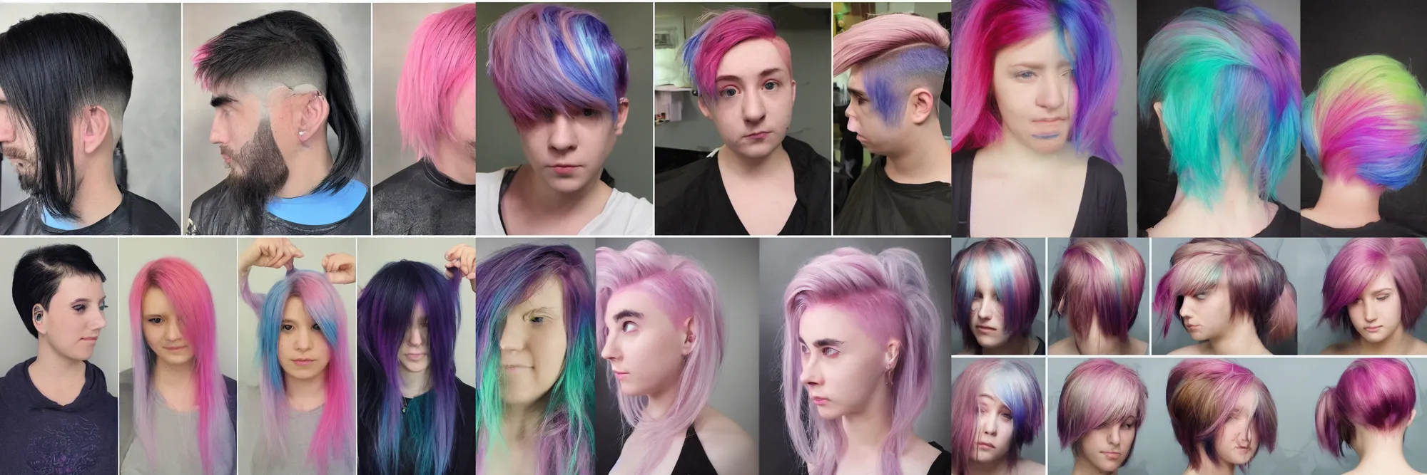 Prompt: before/after, before and after, hairstyle comparison, cyberpunk undercut, pastel foam, gradient colors