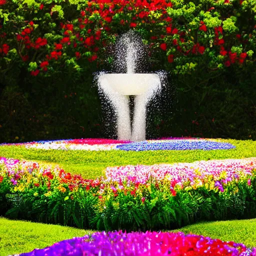 Image similar to photograph of flower fountain designed by Georgia O'Keefe, feminine, beautiful, curvy, flowers background, romantic, sensual, shallow depth of field, romantic lighting