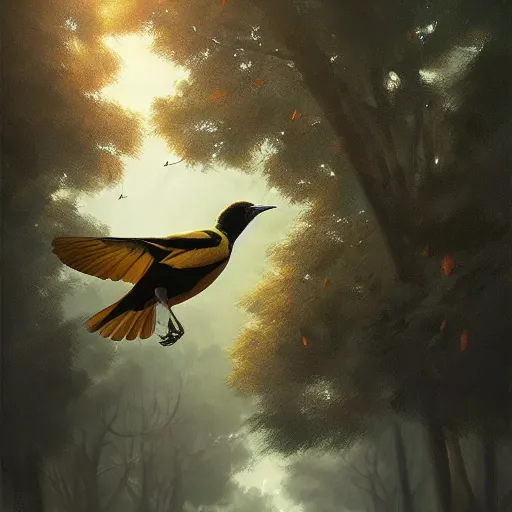 Prompt: spanish golden oriole flying in avila pinewood, 4 k, concept art, by wlop, ilya kuvshinov, artgerm, krenz cushart, greg rutkowski, pixiv. cinematic dramatic atmosphere, sharp focus, volumetric lighting, cinematic lighting, studio quality