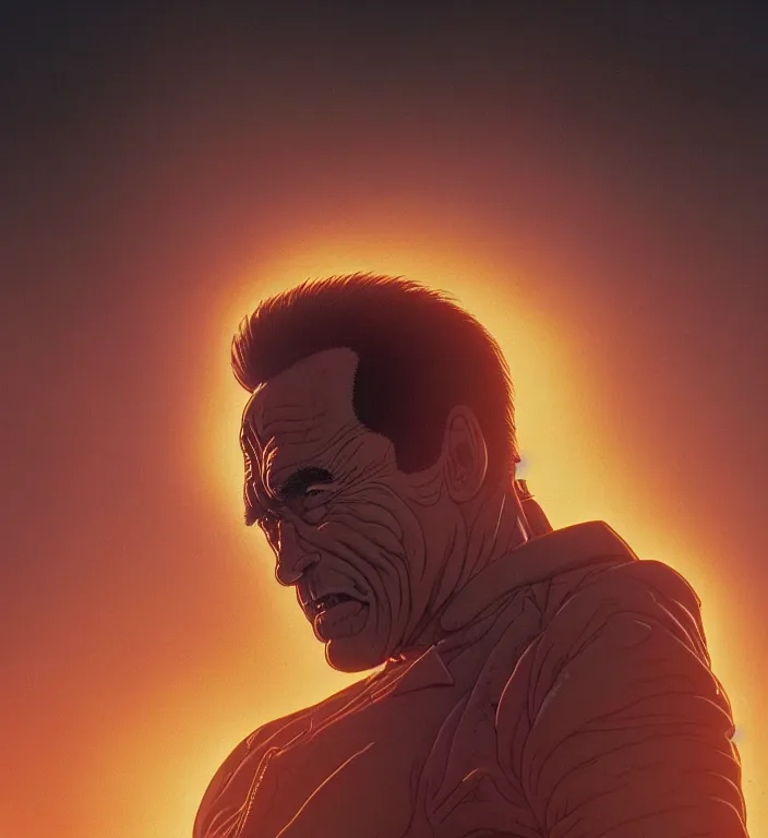 Image similar to realistic aesthetic highly detailed photography of arnold schwarzenegger in akira scene, characters with hyperrealistic highly detailed faces. from akira by katsuhiro otomo and alejandro hodorovski and denis villeneuve and gregory crewdson style with many details by mike winkelmann and vincent di fate in sci - fi style. volumetric natural light hyperrealism photo on dsmc 3 system