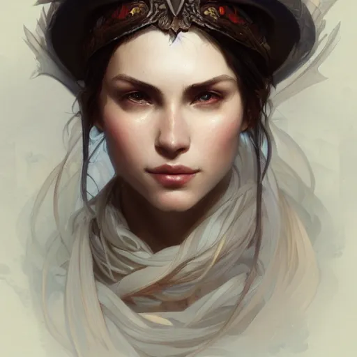 Prompt: portrait of an adventurer, elegant, intricate, headshot, D&D, fantasy, highly detailed, digital painting, artstation, concept art, sharp focus, illustration, art by artgerm and greg rutkowski and alphonse mucha