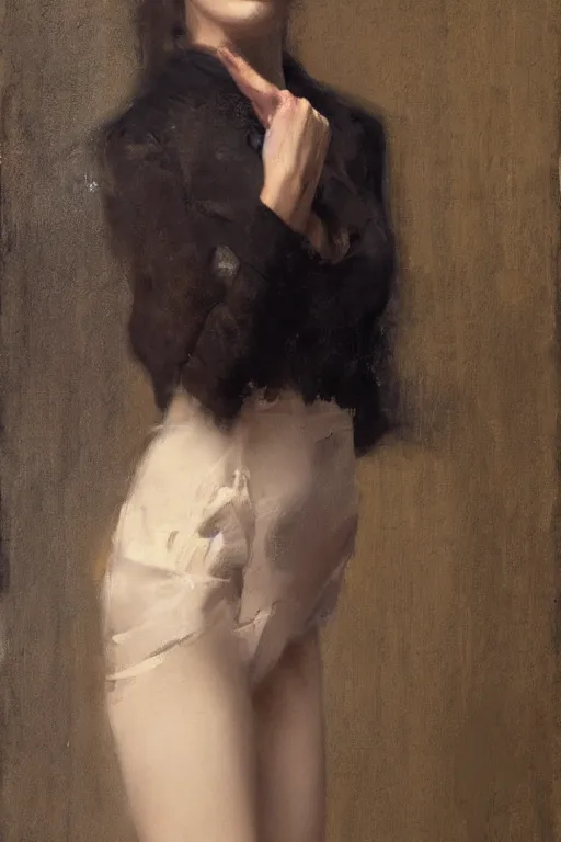 Image similar to Richard Schmid and Jeremy Lipking and Roberto Ferri full length portrait painting of a young beautiful woman