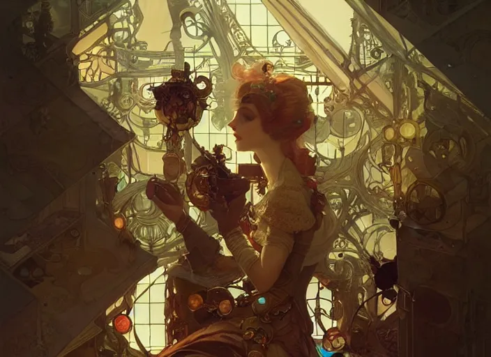 Image similar to ikea, woman model, steampunk!!! and modern, top view, rgb, backlit, elegant, highly detailed, digital painting, artstation, concept art, smooth, sharp focus, illustration, art by krenz cushart and artem demura and alphonse mucha