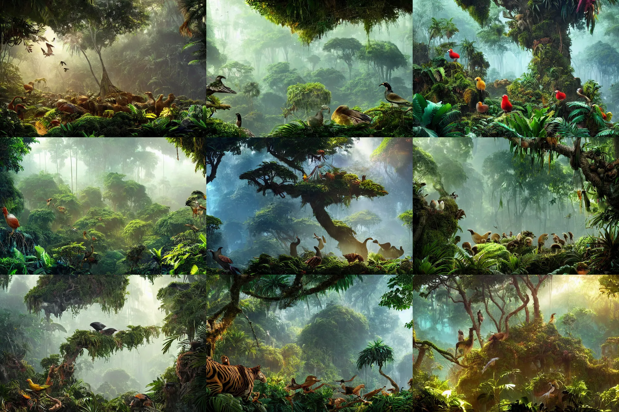 Prompt: flocks of different color and species of paradisaea on a jungle branch, beautiful dynamic lighting, cinematic, wide angle establishing shot, extremely high detail, photo realistic, cinematic lighting, post processed, concept art, artstation, matte painting, style by eddie mendoza, raphael lacoste, alex ross