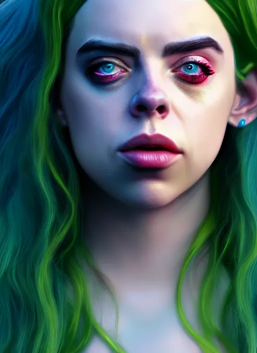 Image similar to Billie Eilish as Female Loki, very detailed, digital art, trending on artstation, smooth render, 8k octane render, digital illustration