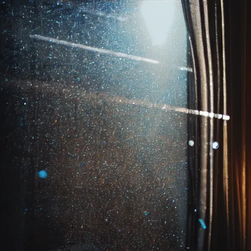 Prompt: a sunbeam filters through a partially draped window as little sparkly glinting dust floats and refracts in the sunbeam. cyberpunk. 4K. HDR.