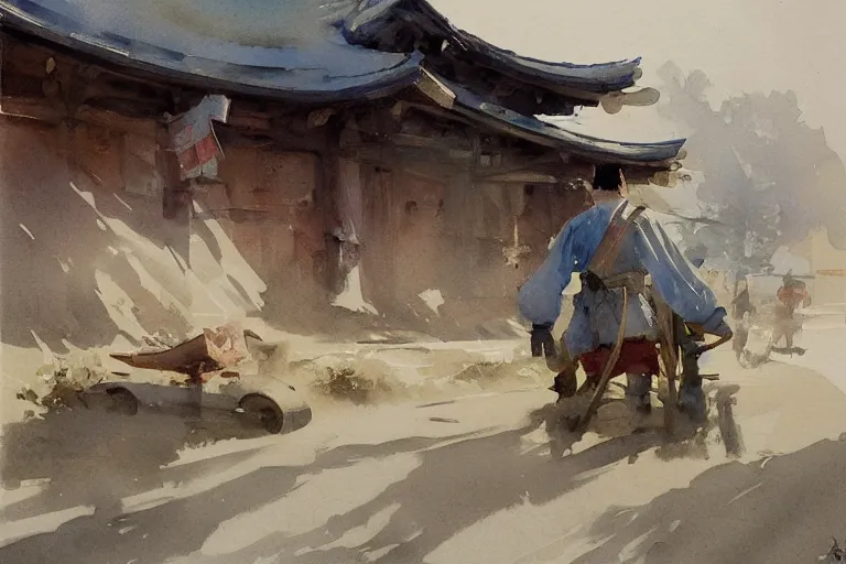 Prompt: small painted on watercolor paper, paint brush strokes, abstract watercolor painting of an eastern town, midday sharp light, dust, cinematic light, feudal japan by hans dahl, by jesper ejsing, by anders zorn, by greg rutkowski, by greg manchess, by tyler edlin