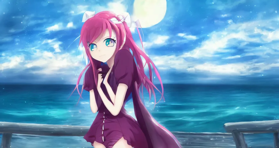 Image similar to one anime girl based on Puella Magi Madoka Magica on a pier with the ocean as background at twilight, her blue eyes are looking at the camera, cute, big moon above the water, colorful, magical, detailed face, 8k