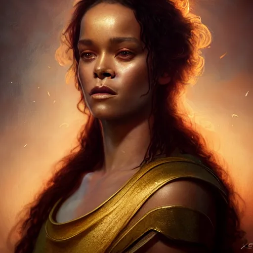 Image similar to majestic gracious regal goddess rhianna portrait, ancient greece, elysium, atmospheric lighting, painted, intricate, volumetric lighting, beautiful, rich deep colours masterpiece, golden hour, sharp focus, ultra detailed, by leesha hannigan, ross tran, thierry doizon, kai carpenter, ignacio fernandez rios