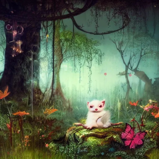 Image similar to multicolor drawing of cute creature sits in the dark forest by ray caesar created at modern world in 4 k ultra high resolution, with inspiring feeling