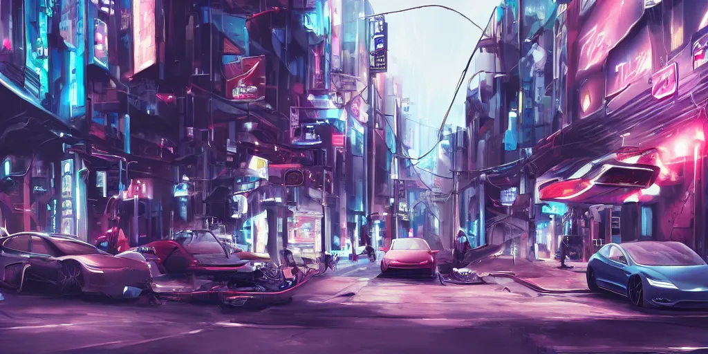 Image similar to tesla car in a city street, cyberpunk, anime, highly detailed