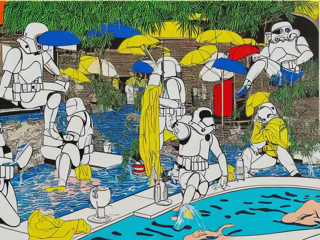 Image similar to hyperrealism composition of the japanese house with a hot springs in the garden, two detailed stormtroopers bathe in a hot spring, pop - art style, jacky tsai style, andy warhol style, roy lichtenstein style, acrylic on canvas